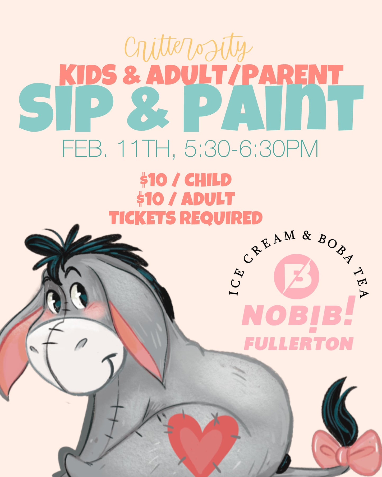 KIDS & PARENT/Adult Sip & Paint at Nobibi - Feb. 11, 2026 - Eeyore