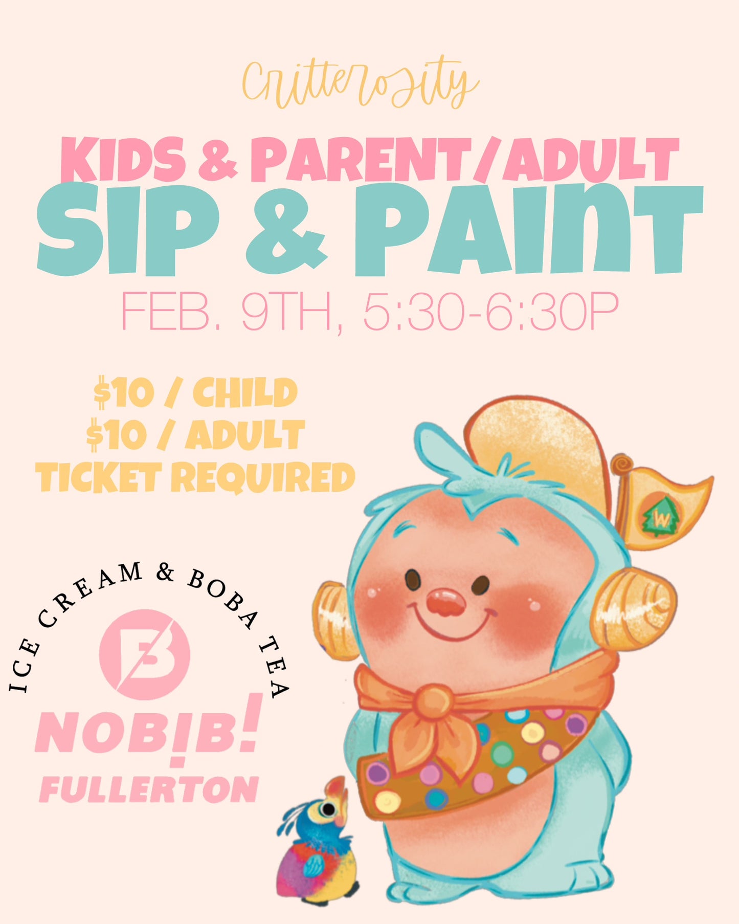 KIDS & PARENT/Adult Sip & Paint at Nobibi - Feb. 9, 2026 - Wilderness Squatch